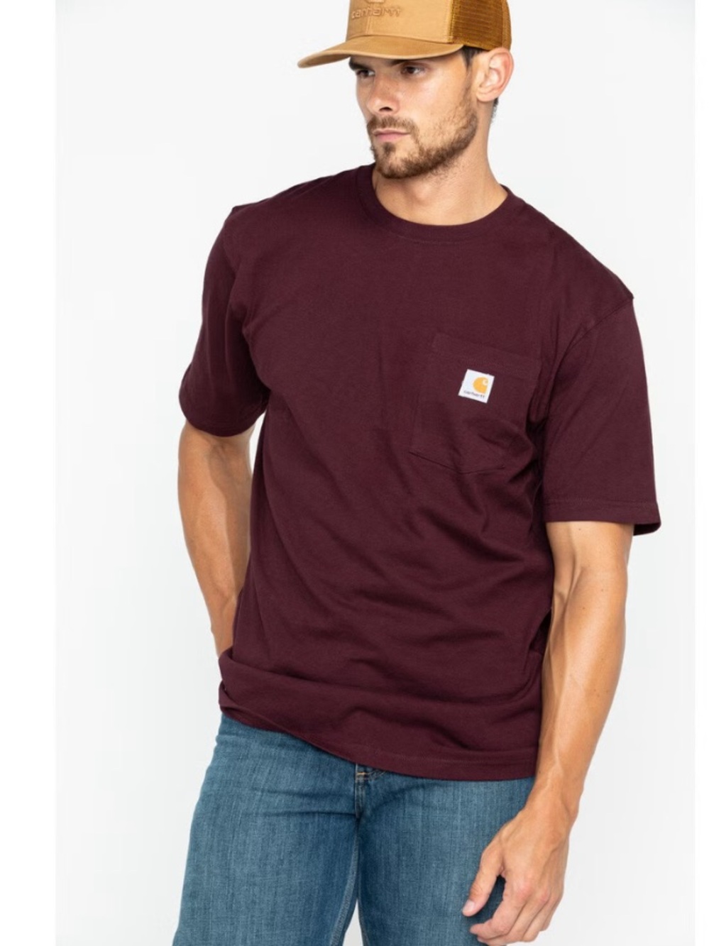 CARHARTT MEN'S LOOSE FIT HEAVYWEIGHT LOGO POCKET WORK T-SHIRT Maroon 2XL
